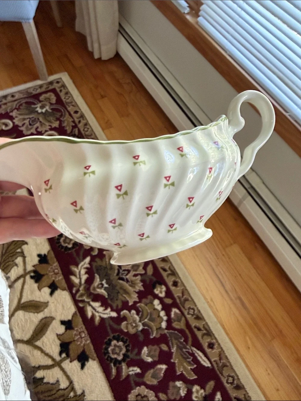 Laura Ashley thistle Gravy Boat with Green Rim Small Pink Floral Motif England